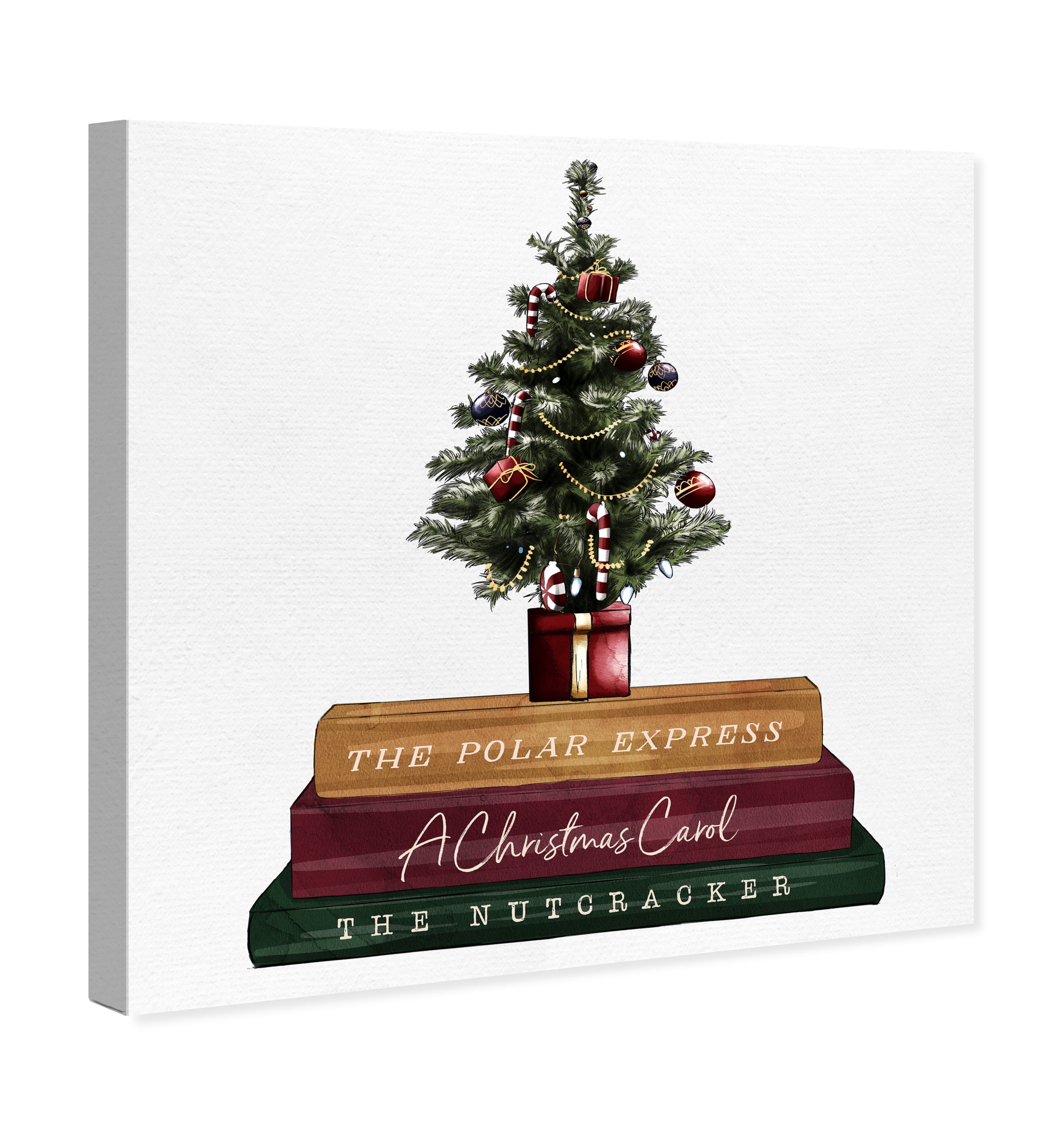 Wynwood Studio Holiday and Seasonal Wall Art Canvas Prints 'Christmas Tree and Storytime Books' Home Décor - Red, Green, 30" x 30"