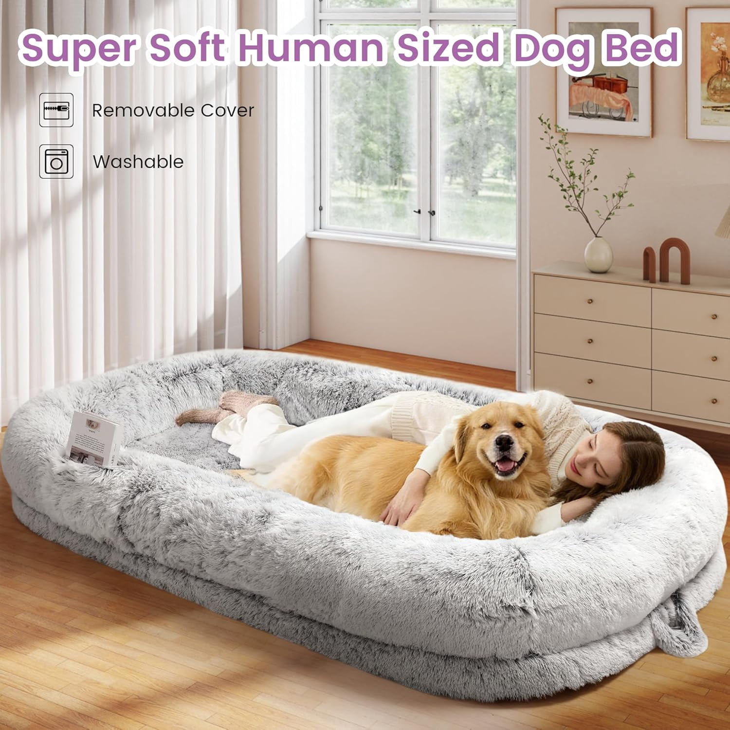JessieMal Human Dog Bed for Adults, 75"x43"x10" Human Size Dog Bed, Orthopedic, Waterproof Removable Washable Cover, Soft Calming Lounger for People & Pets, Light Grey