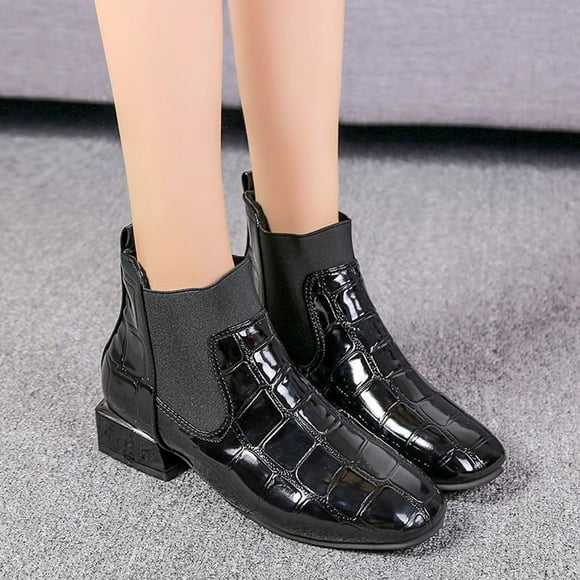 HKEJIAOI Booties for Women Women's Square Toe Solid Low Cut Square Heel Patent Leather Sleeve Short Boots
