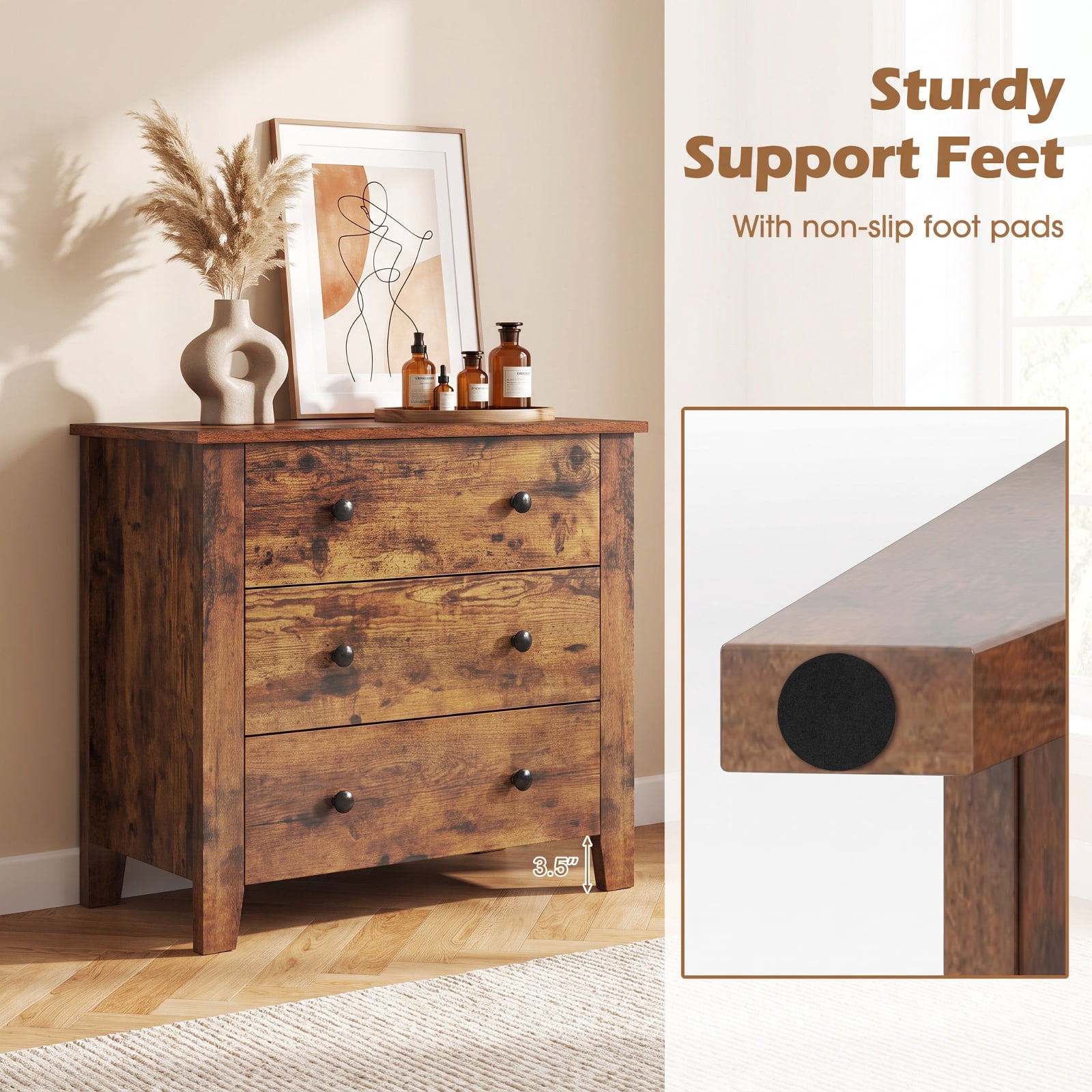 Furnibear 3 Drawer Dresser Chest of Drawers Bedside Table for Bedroom Closet Living Room Nursery Clothes Storage, Rustic Brown