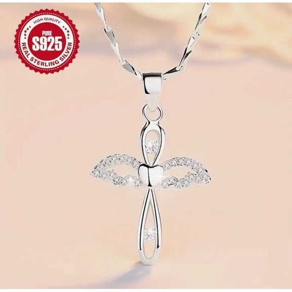 NECKLACE ONLY-Sterling silver wing and heart cross woven 18" chain necklace