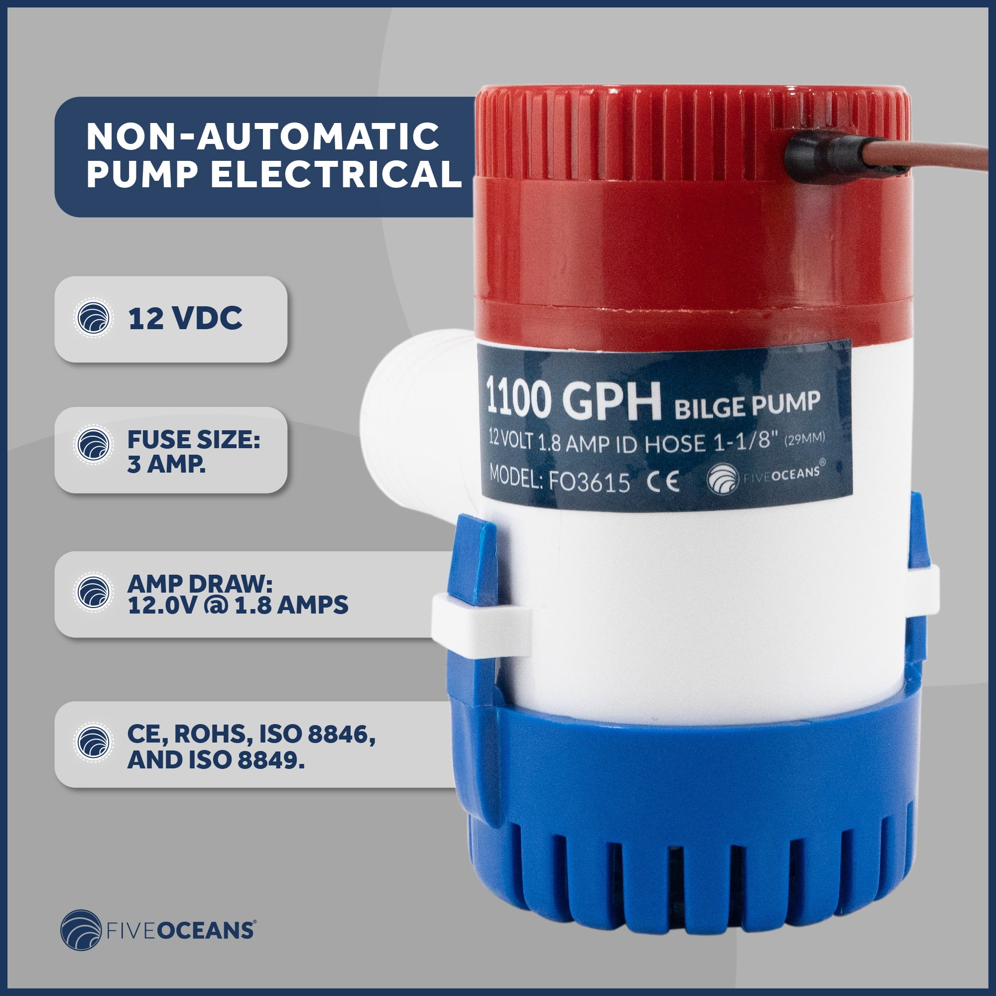 Five Oceans 1100 GPH / 4164 LPH Bilge Pump, 12-Volts, 1-1/8-Inch (29mm) Interior Diameter Hose, 41-Inch 14-Gauge Wire - FO3615