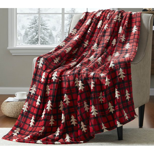 Christmas Tartan Decorative Throw Blanket Soft Comfy Fleece With Red And Black Plaid Pattern With White Tree Accent For Couch Bed Colored Red Black White Walmart Com Walmart Com