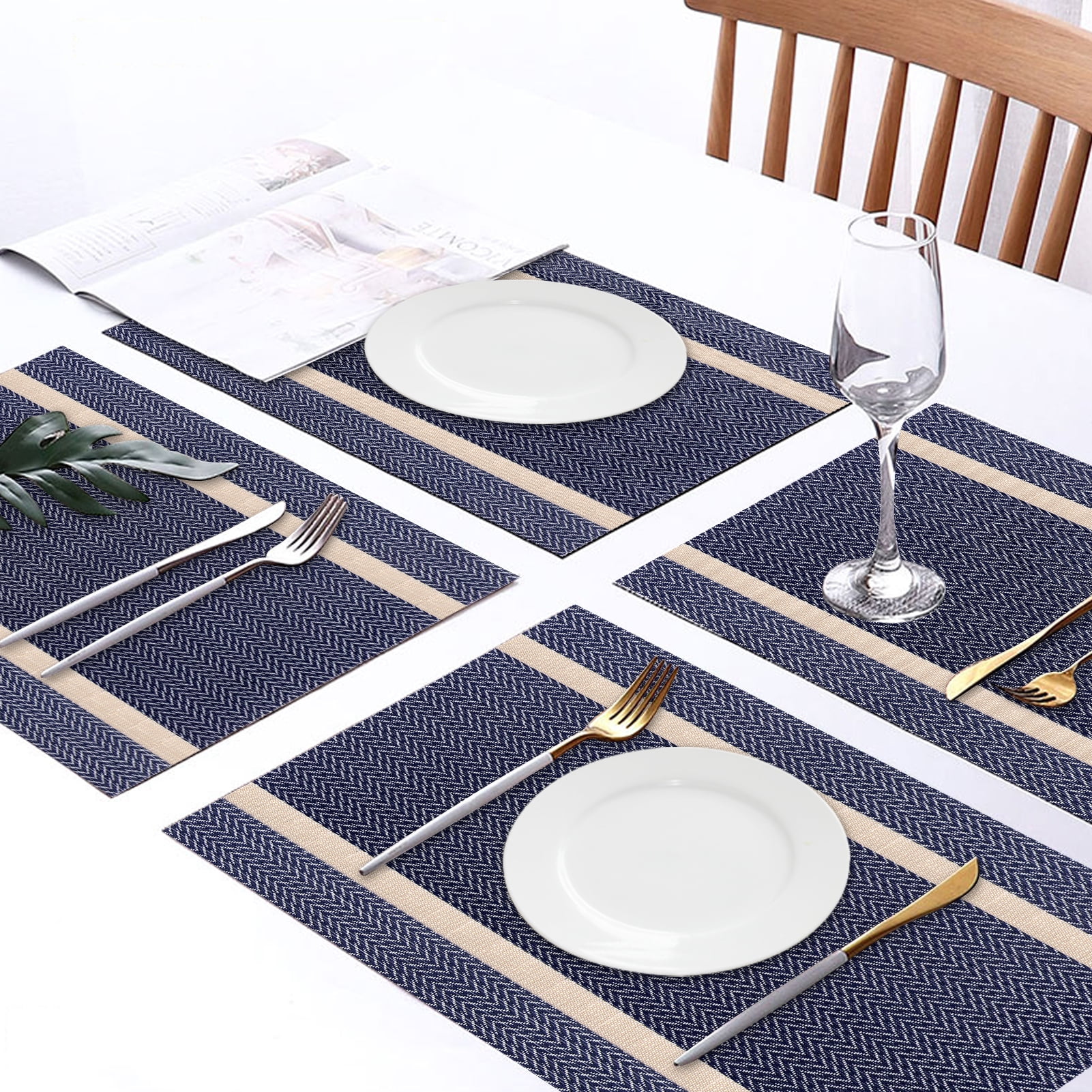 Dolcal Reversible Placemats Set of 4 Cloth Placemats Washable Dining Table  Mats Heat Resistant Place Mats for Dinner Table,Blue