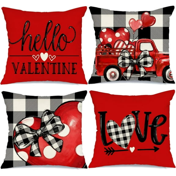 Buffalo Plaid Valentines Day Pillow Covers 18x18 Set of 4 Valentines Day Decor Polka Dot Red Heart with Bow Love Truck Valentine Pillows Decorative Throw Pillows Valentines Day Decorations G169-18