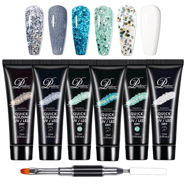 Set 6 Polygel UNIVERSOENLINEA.COM Manicura Decoración Uñas Glitter Nude Pincel