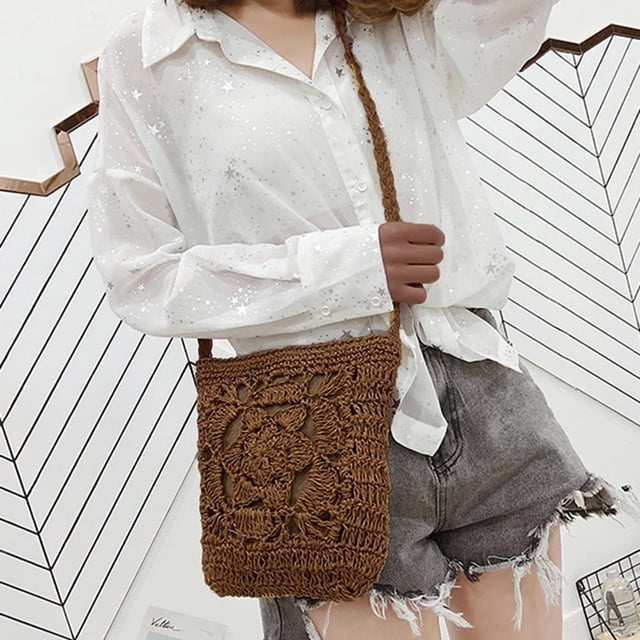 Bandolera de paja para mujer y niña bolsos de hombro trenzados Likrtyny de ganchillo con flores bolso de playa de ratán ahuecado bolsos de compras de viaje 2021
