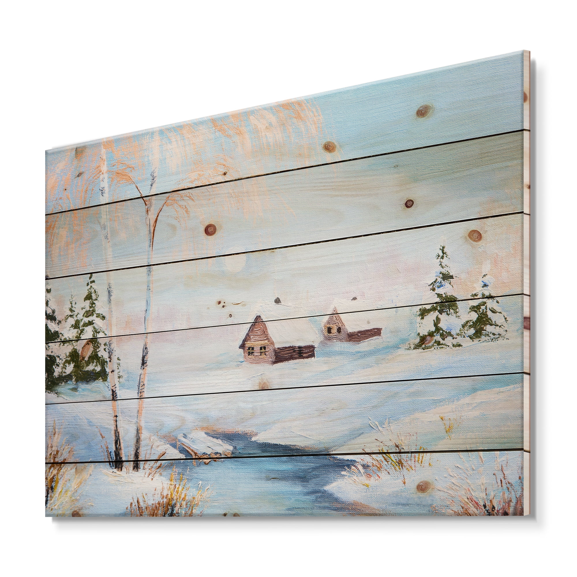 Designart 'Frozen River In The Forest Winter Landscape' Lake House Print on Natural Pine Wood