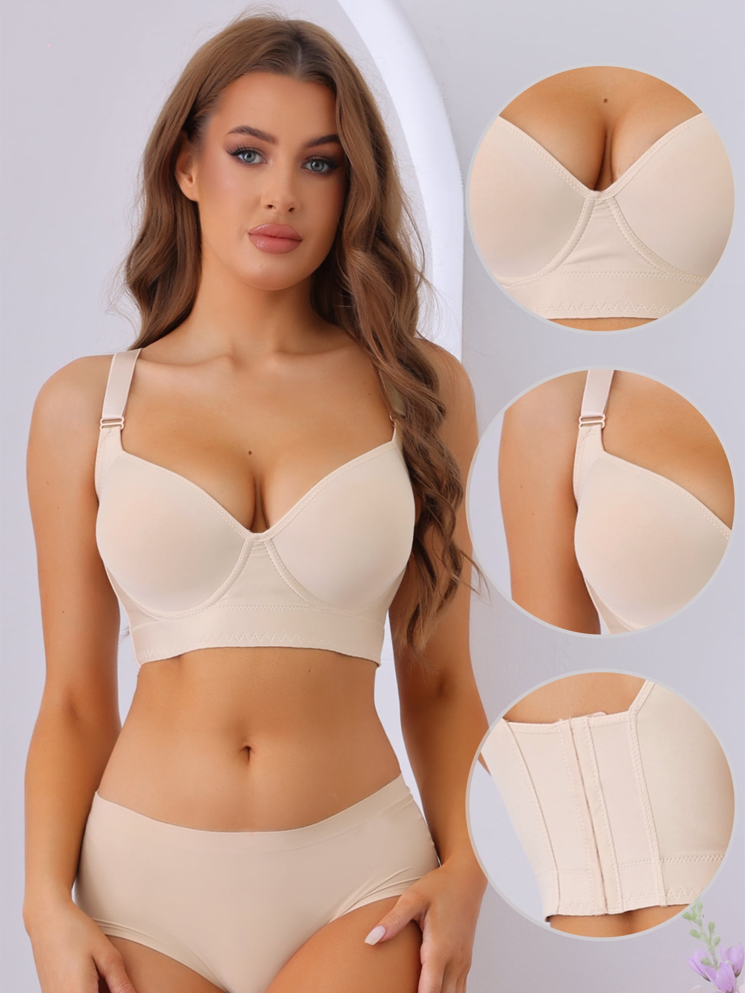 Unique Bargains Women's V-Neck Underwire Bra Push-Up Plus Size Underwear D 40 Beige