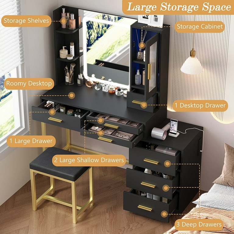 47 Large Vanity Set with Mirror Uhomepro Lighted Makeup Vanity Desk with Power Outlet 7 Drawers LED Storage Cabinet and Cushioned Stool Modern