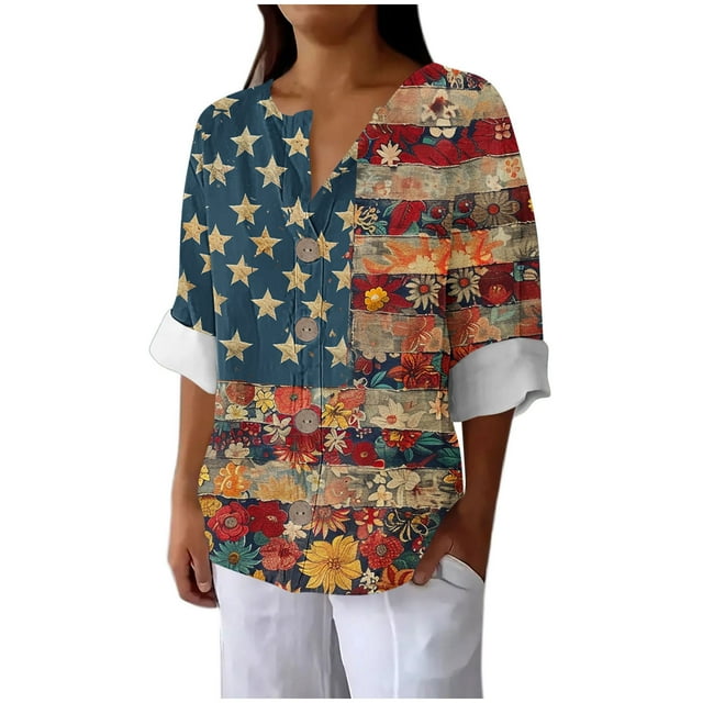 Vestidos Casuales Para Mujer, Blusas De Mujer De Moda Blusa holgada de lino con cuello en V, manga tres cuartos y botones decorativos para mujer.