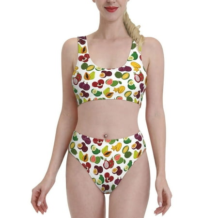 Fotbe Colorful Fruits Women s High Waisted Bikini Tankini Sets Two Piece Bathing Suits High Cut Scoop Neck Swimsuit-X-Large