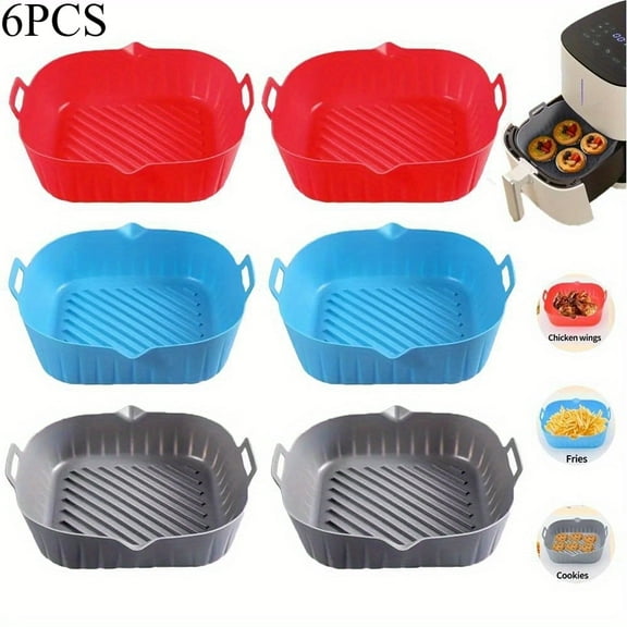 Silicone Liners for Air Fryer, 6-Pack Non-Stick & Reusable Square Baking Mat, Food-Grade Pot Basket Tray, 8-inch Top & 7-inch Bottom Air Fryer Accessories