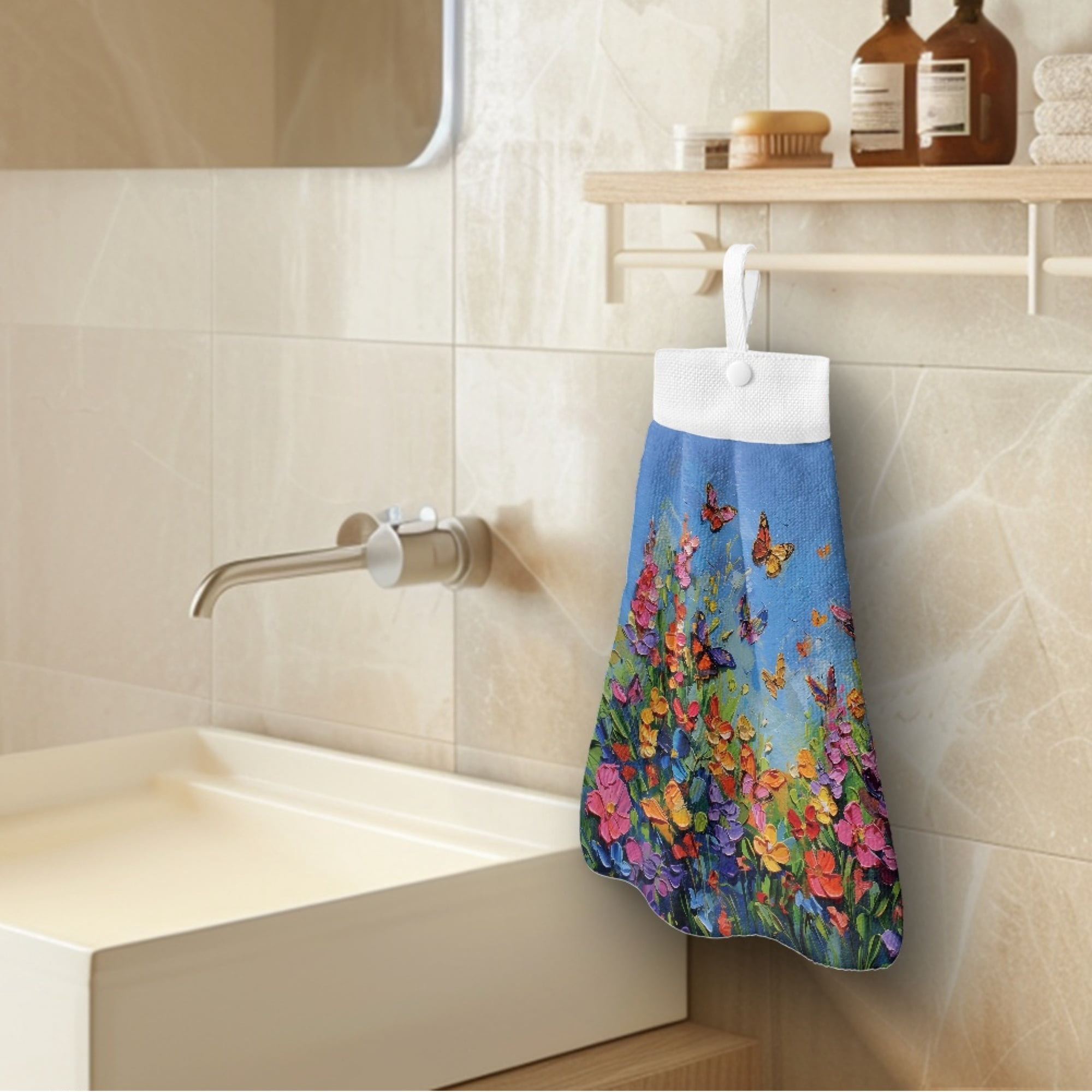 ZIATUBLE Butterfly Floral Hanging Hand Towel Oil Painting Dish Towels for Kitchen Quick Dry Hand Towels for Bathroom with Loop 3 Piece Easy to Clean Hanging Dish Towels Indoor Decor Accessories