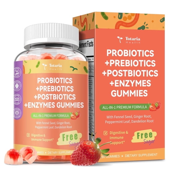 Totaria Sugar Free 5-in-1 Probiotic Prebiotic Postbiotic Gummy - Complete Immune, Gut & Digestive Support for Women & Men | Vegan, 60 Gummies