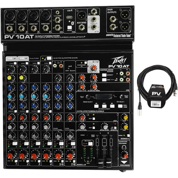 Peavey PV 10 AT 10 Channel Compact Mixing Mixer Console with Bluetooth Auto-Tune pitch correction   PV 20' XLR Cable