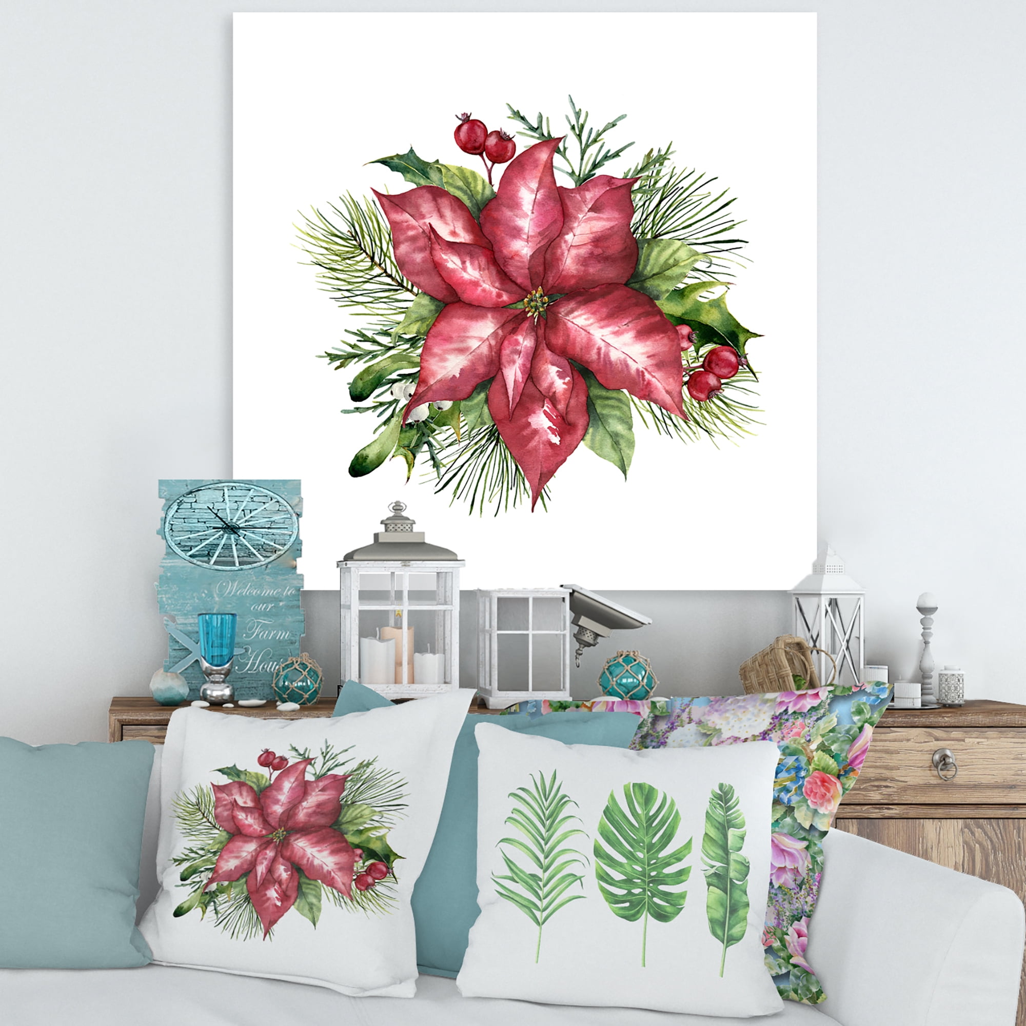 Designart ' Christmas Fir Branch and Holly Mistletoe Berries III ' Traditional Canvas Wall Art Print