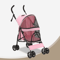 BEZT Pink Foldable Dog Stroller w/Adjustable Canopy and Breathable Pet Travel Harness