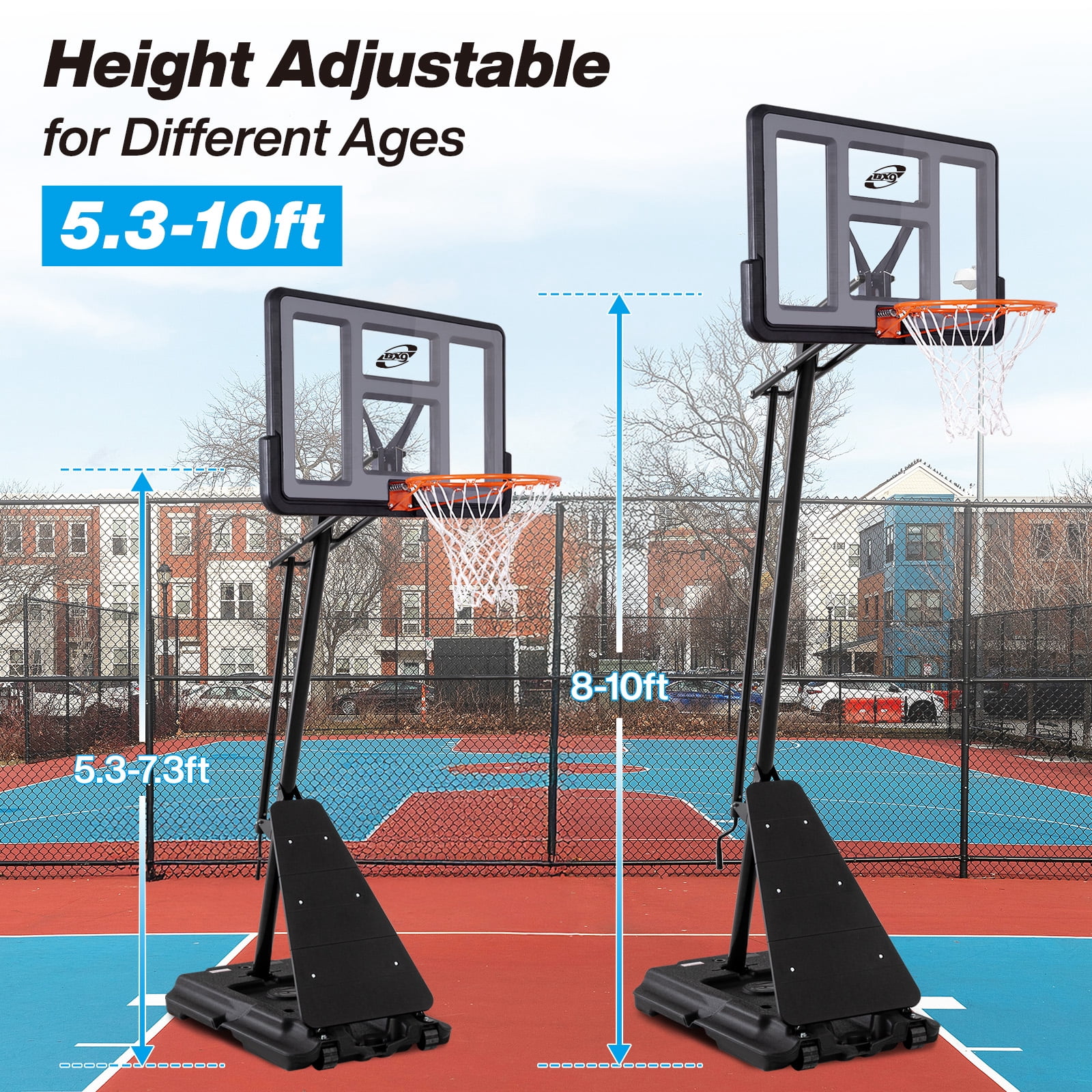 Basketball Hoop Outdoor,Portable Basketball Hoop with Wheels,5.3-10 feet Height Adjustable Basketball Hoop with 44 inch Backboard