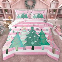 Homewish Xmas Tree Bedding Comforter Set 2pcs for Teens Boys Girls,Merry Christmas Twin Comforter Sets Microfiber,Pink Geometric Stripes Breathable Bedding Set,Breathable Home Decor,Reversible