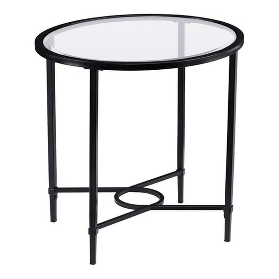 Maklaine Transitional Oval Iron Metal & Glass Side Table in Painted Black