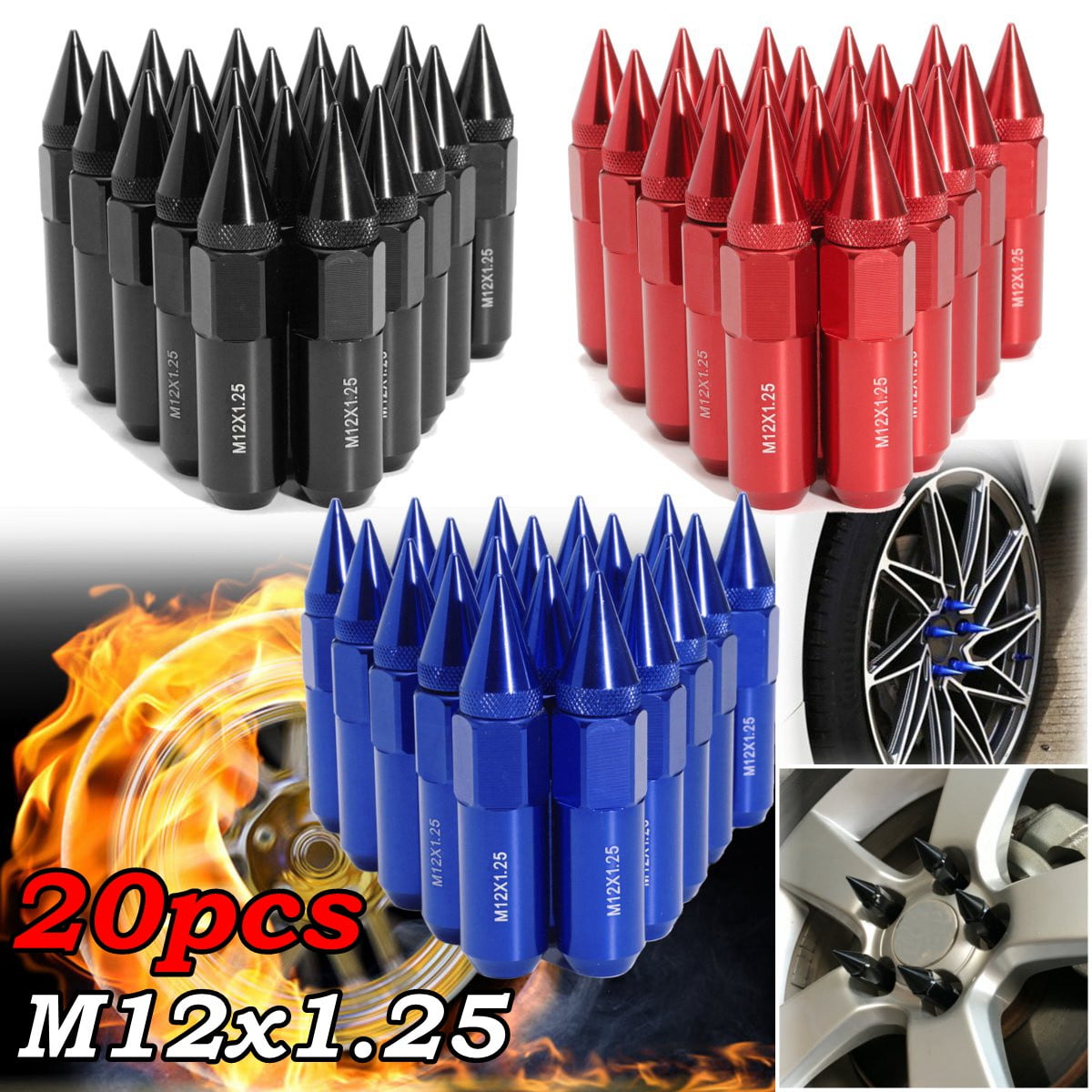 Black 20PCS M12X1.5 60mm Cap Spiked Extended Tuner Aluminum Wheels Rim Lug Nuts