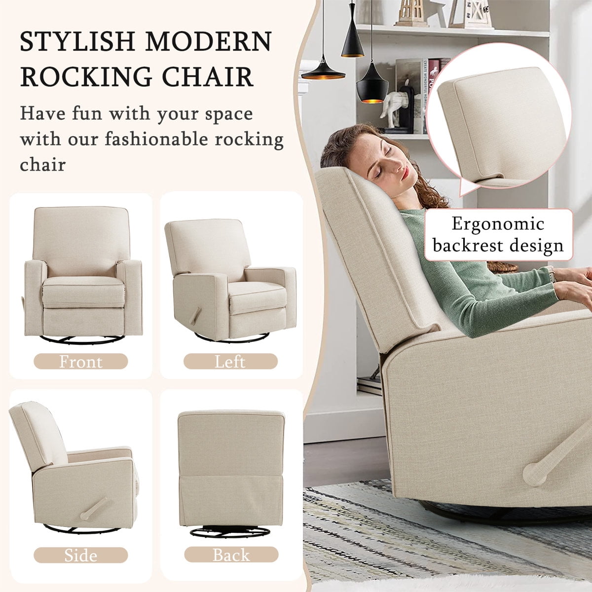 360° Swivel Rocker Recliner , Glider Rocker Recliner, Rocking Chairs for Nursery, Linen Fabric Chair with High Back, Deep Seat, for Living Room, Bedroom, Beige