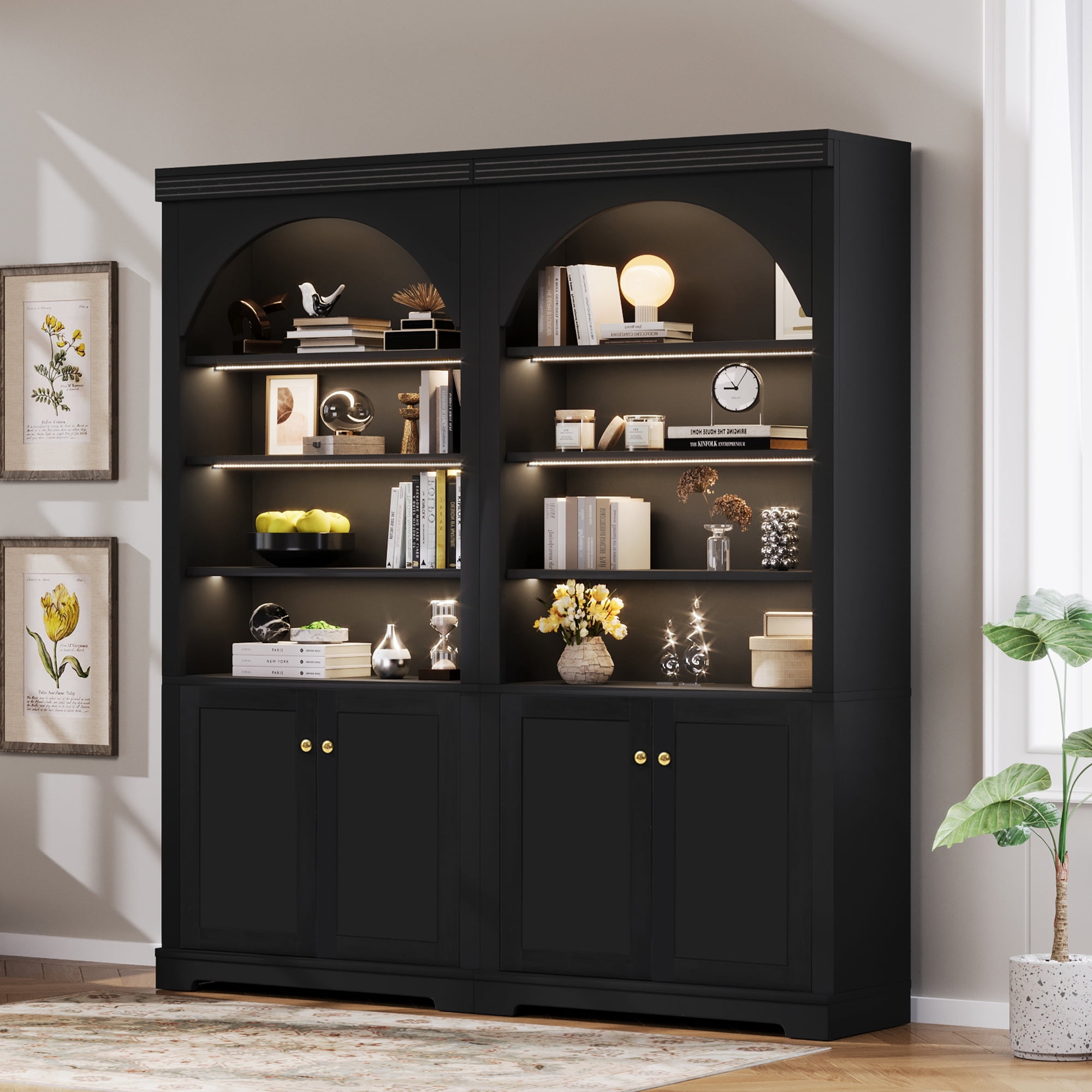 71" Tall Bookshelf Suite with 4-layer LED Lightings, 2 Piece Bookcase with Open Adjustable Shelves