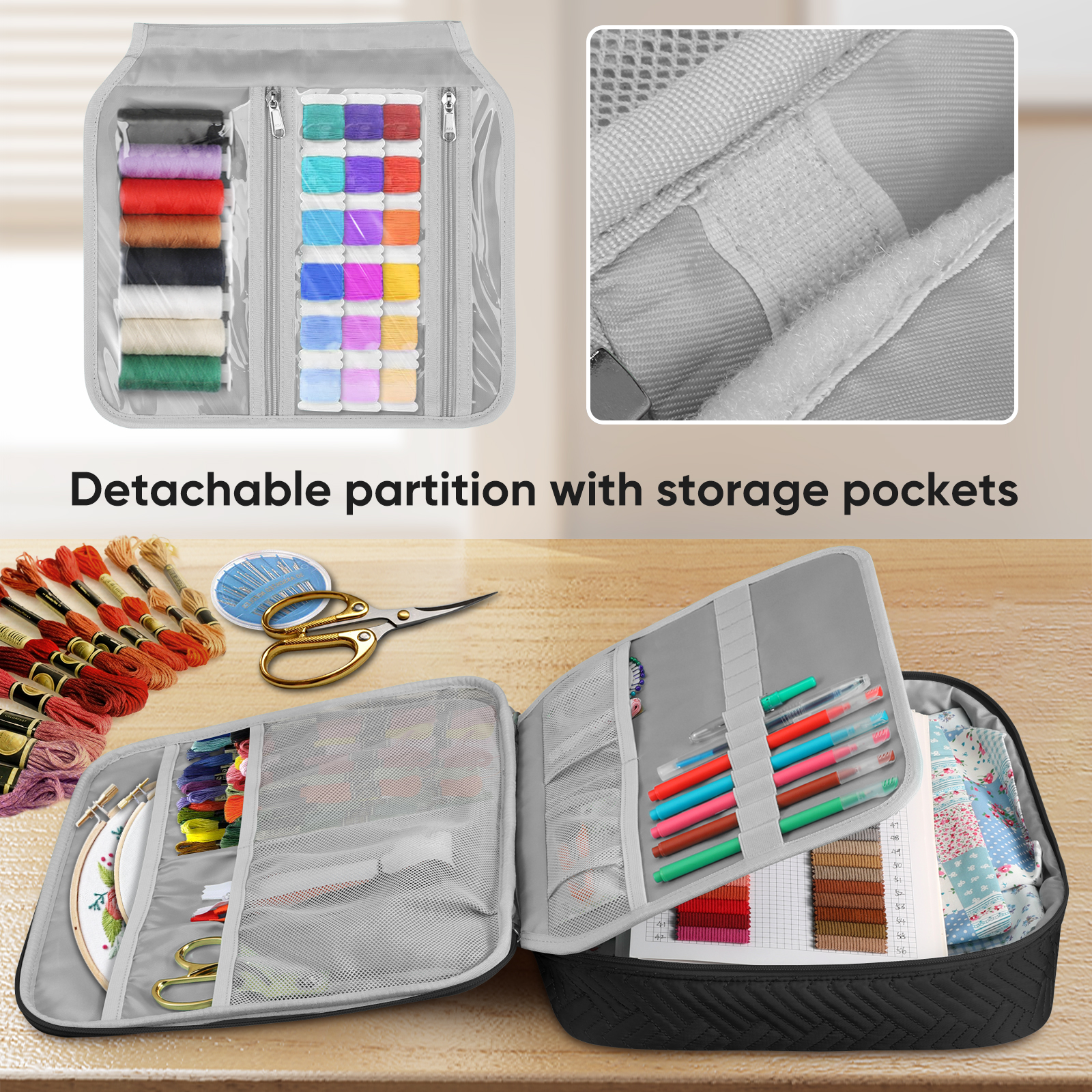 FINPAC Embroidery Bag, Cross Stitch Storage, Square Quilted Tote Organizer with Multiple Pockets for Floss, Hoops, Thread, Stitch Tools Kit [Bag Only], Black