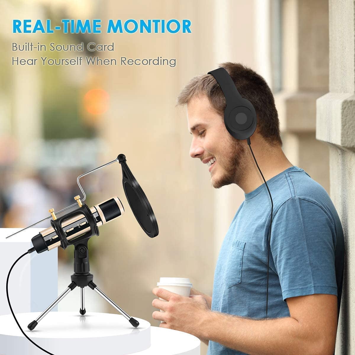 K08 3.5MM Microphone Gold with Gooseneck Stand for Podcast Recording