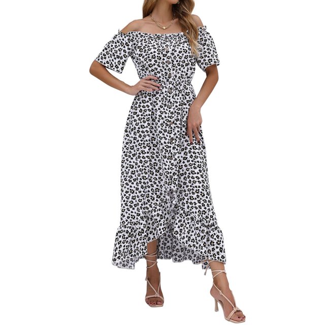 VISgogo Vestido de mujer, estampado floral, hombros descubiertos, manga corta, decoración de botones, dobladillo con volantes, vestido de blusón VISgogo moda