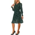 thumbnail image 4 of INSPIRE CHIC Women's Metallic Star Dress V Neck Smocked Waist A-Line Lantern Sleeve Dress S Dark Green-Floral, 4 of 6