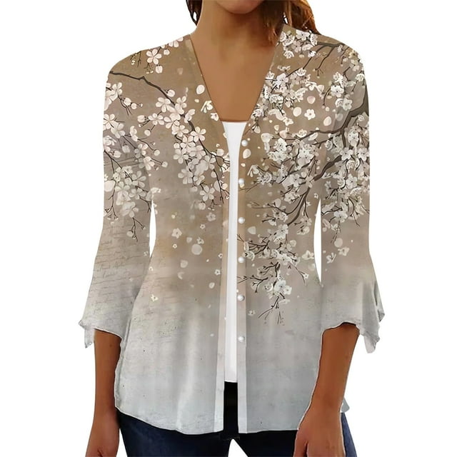 Camisa de mujer Blusa Estampado Manga 3/4 Casual Vacaciones Básico Botón Tops Caqui/S