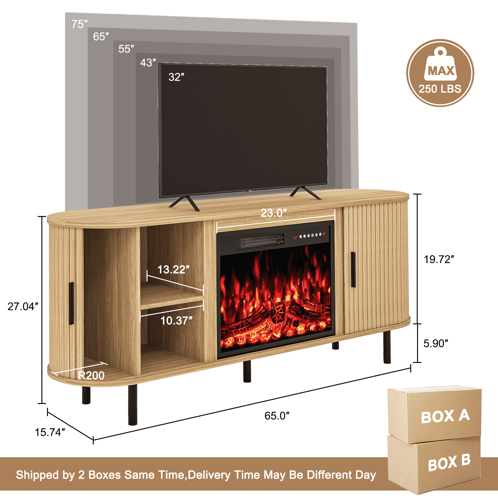 Rocyis 65" Modern Fireplace TV Stand for TVs Up to 75'', Fluted Entertainment Center with Electric Fireplace, Media Console Cabinet for Living Room, Natural Oak