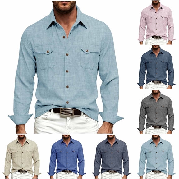Western Shirts for Mens Cowboy Shirt Linen Short Sleeve Button Down Shirt Casual Work Shirts with Double Pocket Light Blue