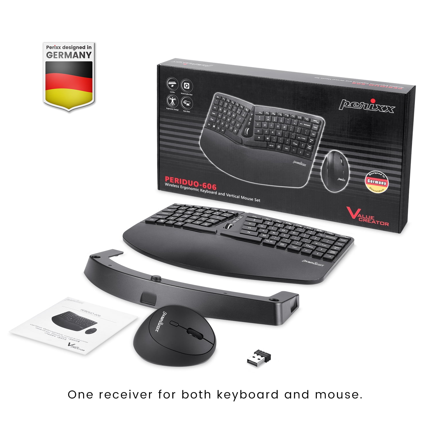 Perixx PERIDUO-606 Wireless USB Compact Ergonomic Keyboard with Vertical Optical Mouse - Detachable Stand - Black