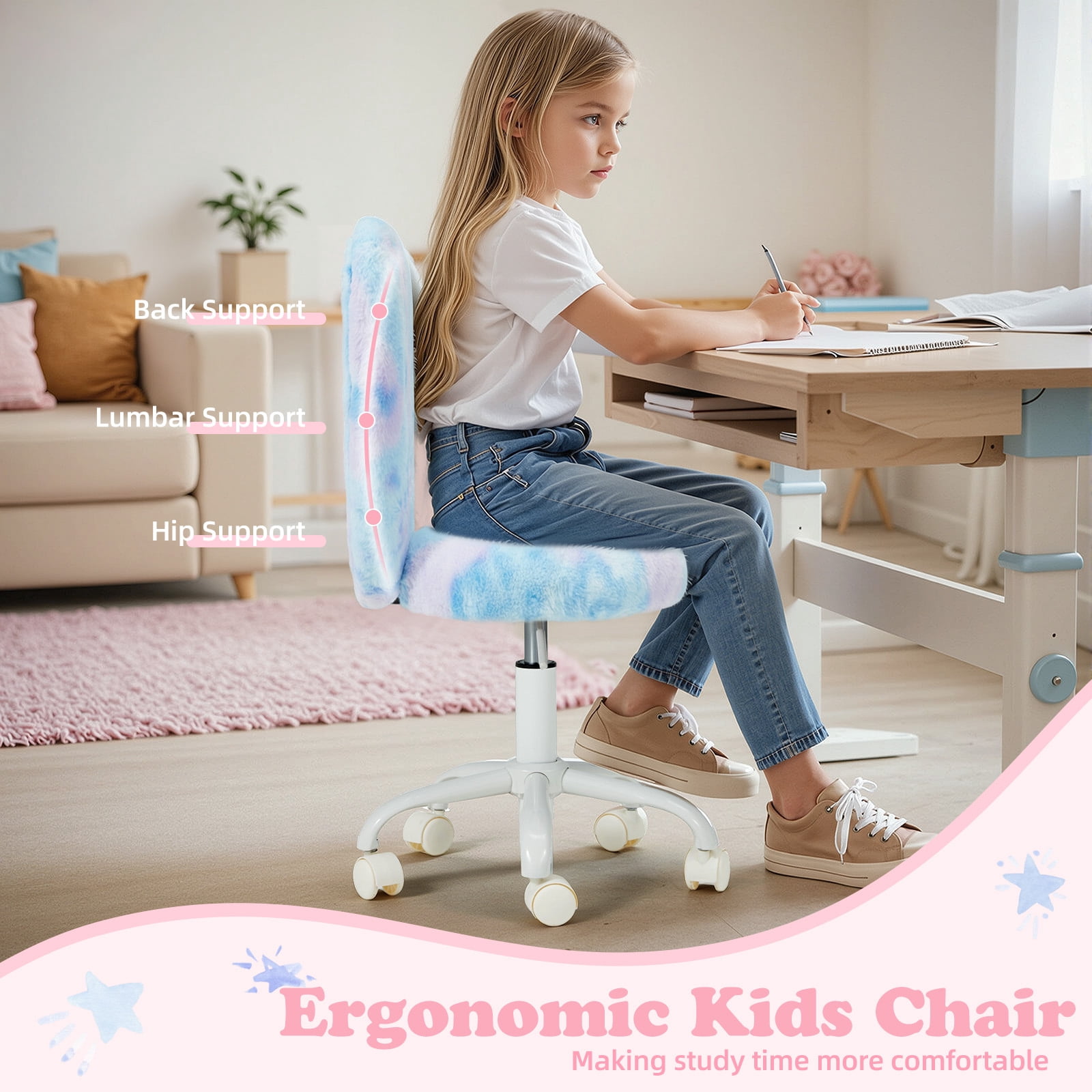 Vicluke Kids Desk Chair with Wheels Adorable Fluffy Girls Desk Chair with Heart-Shaped Backrest Design Adjustable Seat Height for Bedrooms & Study Rooms, Dreamy Blue