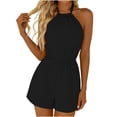 thumbnail image 2 of Favoffer Women Halter Neck Jumpsuit Backless Solid Color Romper Elastic Waist Pocketed One Piece Shorts Loose Casual Overalls for Beach Party Daily, 2 of 9
