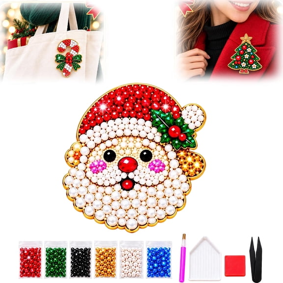 DIY Christmas Diamond Painting Brooch Kit, Holiday Craft Gifts, Diamond Painting Kit with Santa Reindeer Snowman Tree Designs, Wearable Handmade Brooch