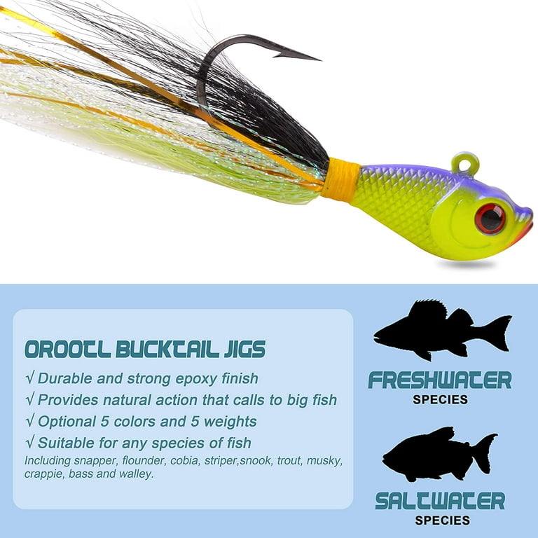 5pcs Bucktail Jigs Saltwater Fluck Lures Bucktail Hair Jigs Fishing Lures  Jig Head Swimbait Jig Hook for Bass Striper Flounder 1/4oz 1/2oz 1oz 2oz