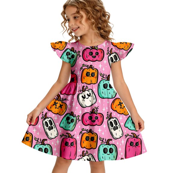 Halloween Girls Dress Size 7 Flutter Sleeve Cute Sundress Summer Party Pumpkin Ghost Novelty Crew Neck Girls Fashion Dresses Pink 9-10 Yaers