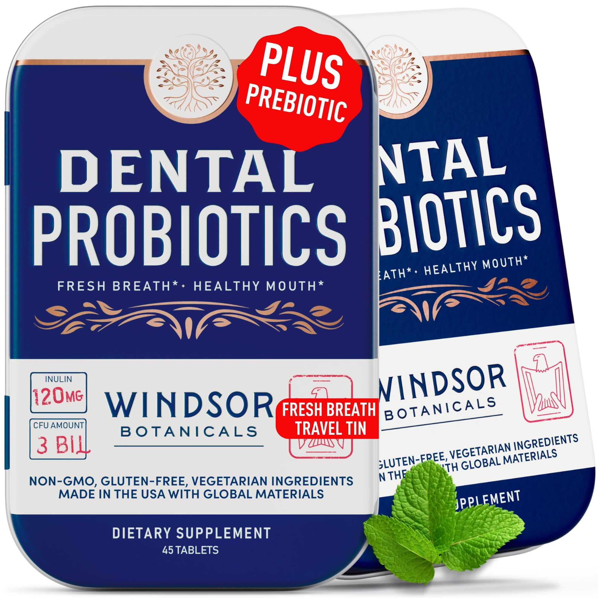 Windsor Botanicals Dental Probiotics for Teeth and Gums - Oral Probiotics for Mouth Bad Breath - 3BN CFU Lactobacillus Salivarius Tablets Paracasei Rhamnosus Streptococcus - 90 Chewable Dental Pro