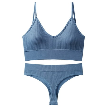 Lovskoo Women Wireless Push-Up Seamless Bra Nude Bralette Solid Breathable Sling Sports Bra and Panty Set Blue