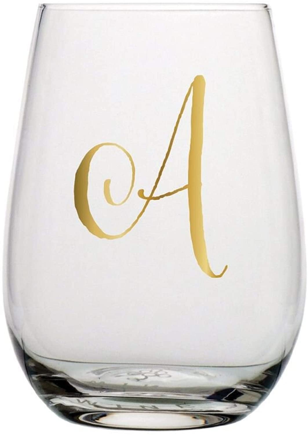 Monogrammed Stemless Wine Glass with Metallic Gold Toned Letter A, 20