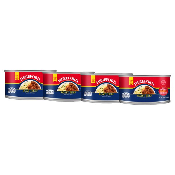 (4 pack) Hereford Fully Cooked Roast Beef with Gravy, 12 oz Can (Shelf