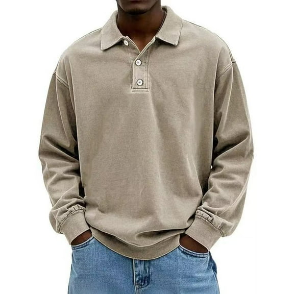 Kixjoy Khaki Long Sleeve Shirts for Men Oversized Button Down Polo Shirts Collared Basic Fall Pullover Fashion Thermal Lightweight Men's Clothing, Khaki 2XL