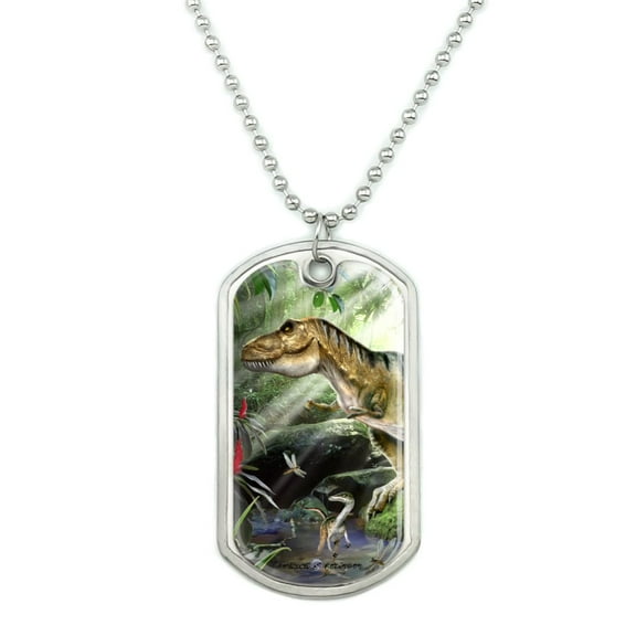 T-Rex Jurassic Double Trouble Military Dog Tag Pendant Necklace with Chain