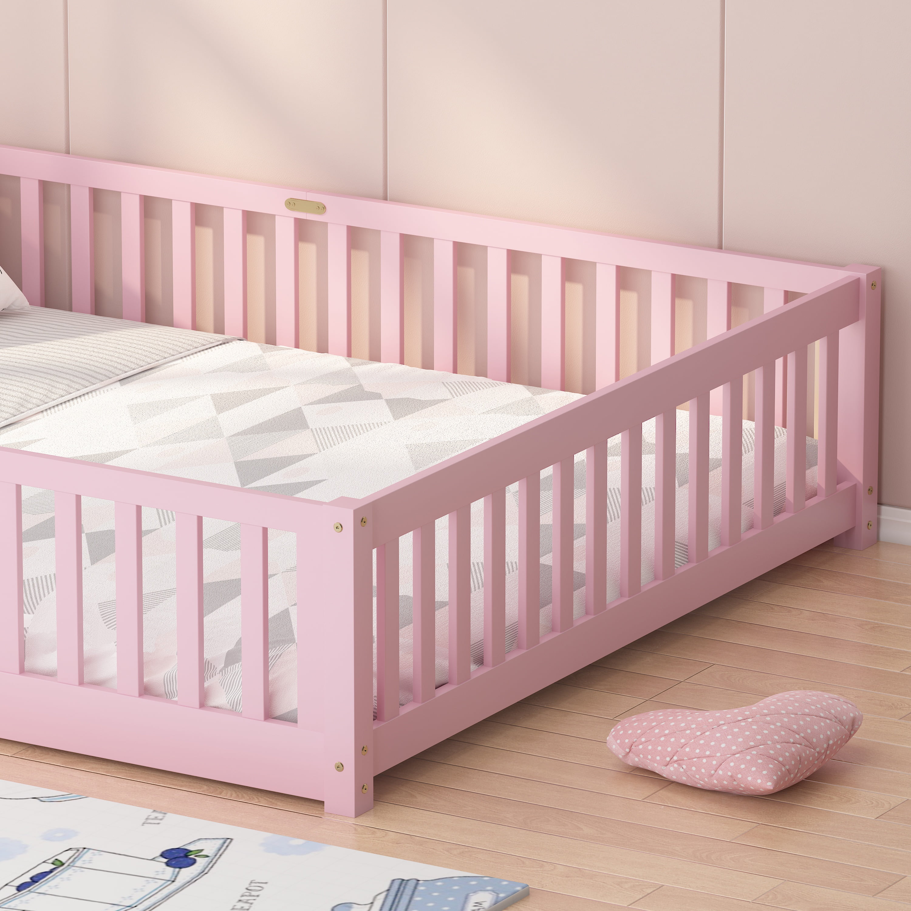 UHOMEPRO Queen Size Floor Bed with Door and Fence for Kids, Toddler Bed Montessori Floor Bed with Slats and Safety Guardrails, Solid Wood Queen Bed Frame for Girls Boys Kids Bedroom, Pink