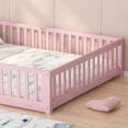 thumbnail image 5 of UHOMEPRO Queen Size Floor Bed with Door and Fence for Kids, Toddler Bed Montessori Floor Bed with Slats and Safety Guardrails, Solid Wood Queen Bed Frame for Girls Boys Kids Bedroom, Pink, 5 of 14