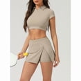 thumbnail image 3 of AEXTO Two-Piece Set Women's Solid V Neck Crop Top & Side Slit Skort Set, Casual Short Sleeve Top & Skort, Ladies Sportswear for Outdoor Tennis, 3 of 9